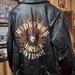 VINTAGE Harley-Davidson Black Leather Jacket with Flames RIDE FREE